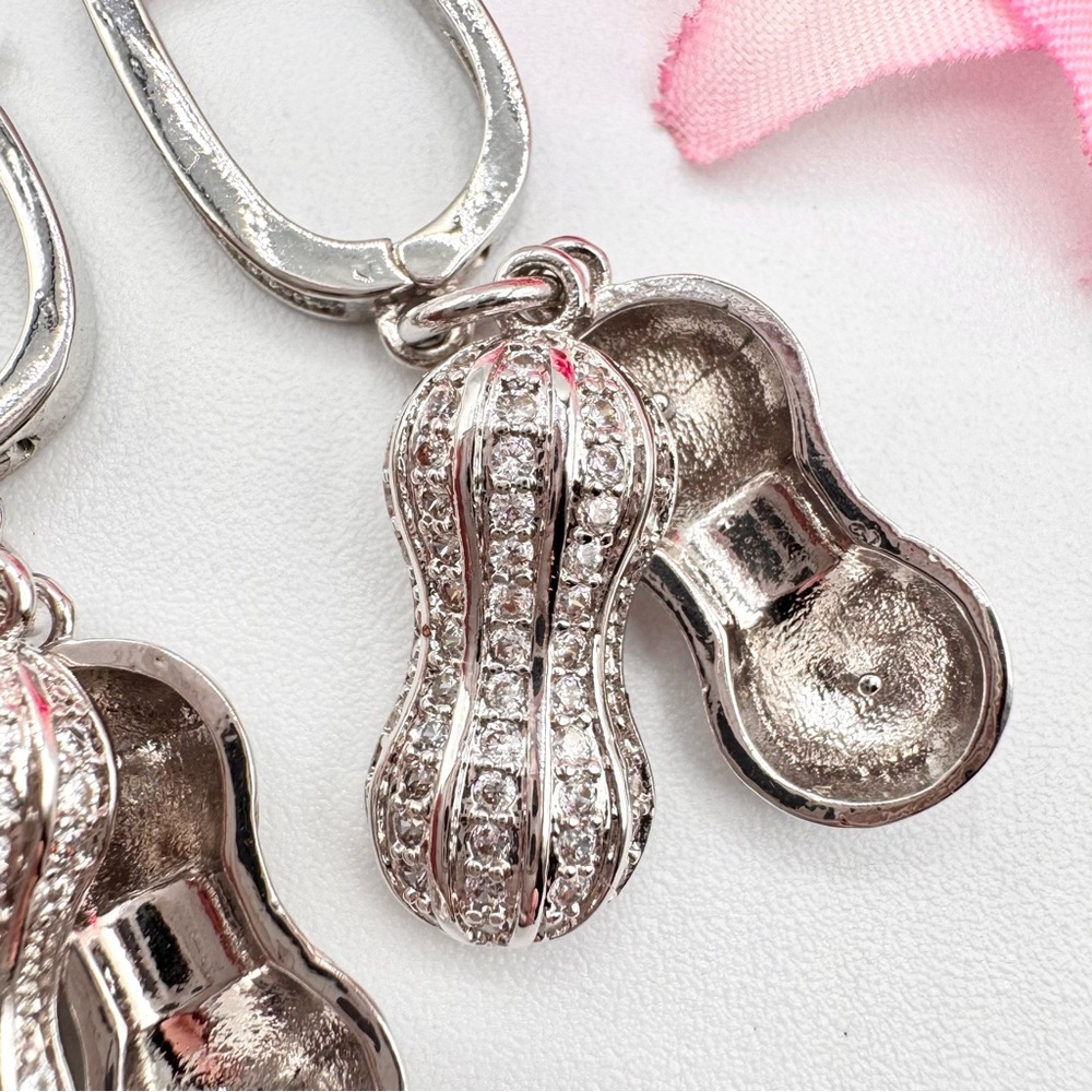 Peanut Earrings And Matching Peanut Pendant Silver Tone Stamped 925 Rhinestones - Picture 5 of 14